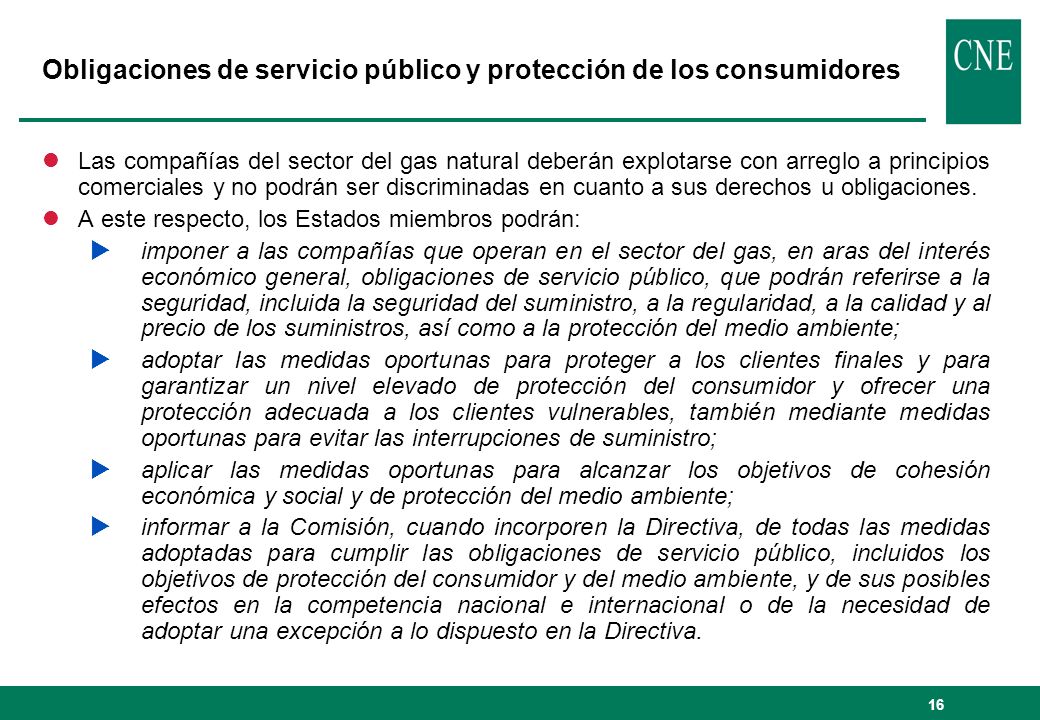 Obligaciones de servicio público y protección de los consumidores