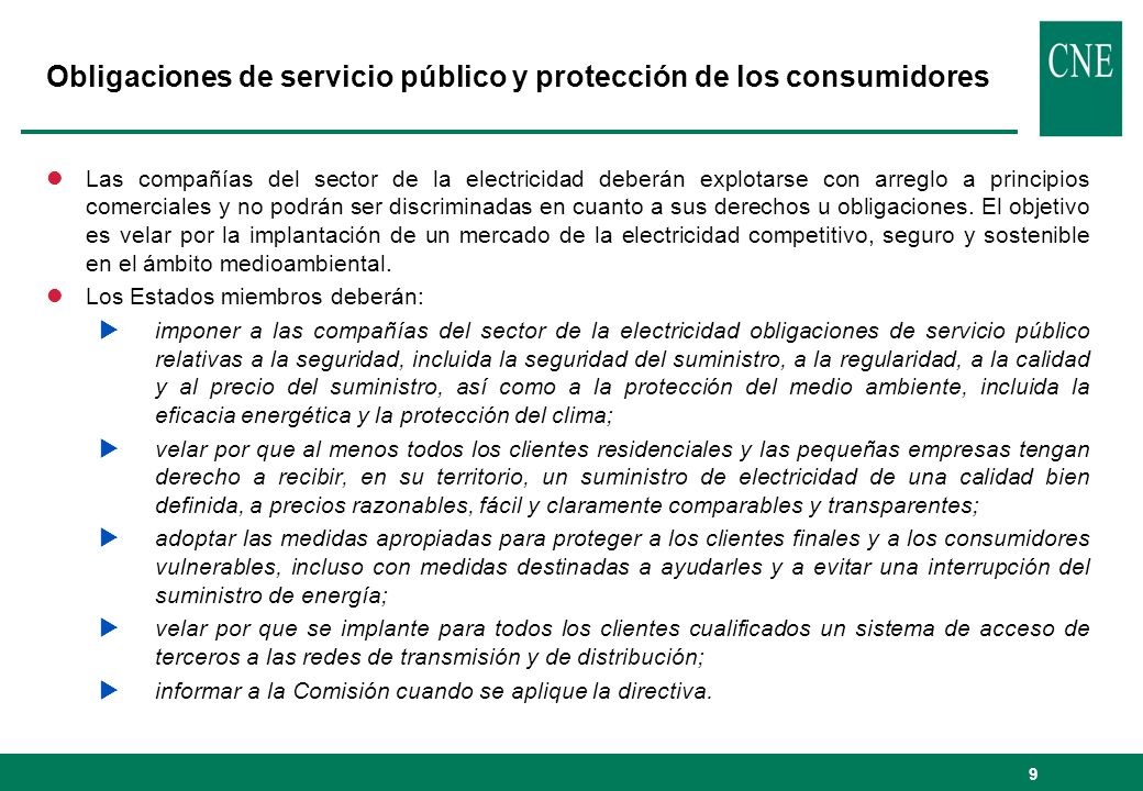 Obligaciones de servicio público y protección de los consumidores