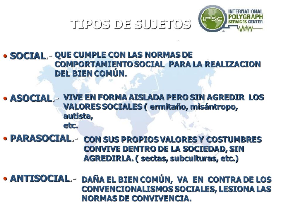 TIPOS DE SUJETOS SOCIAL.- ASOCIAL.- PARASOCIAL.- ANTISOCIAL.-