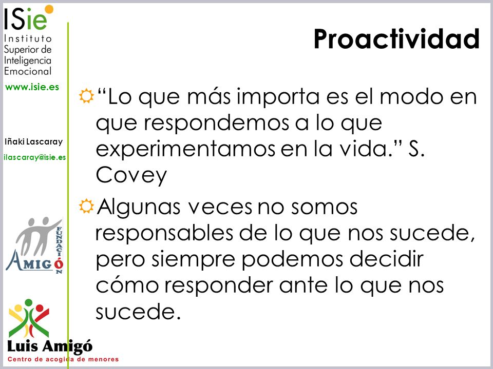Proactividad Lo que más importa es el modo en que respondemos a lo que experimentamos en la vida. S. Covey.