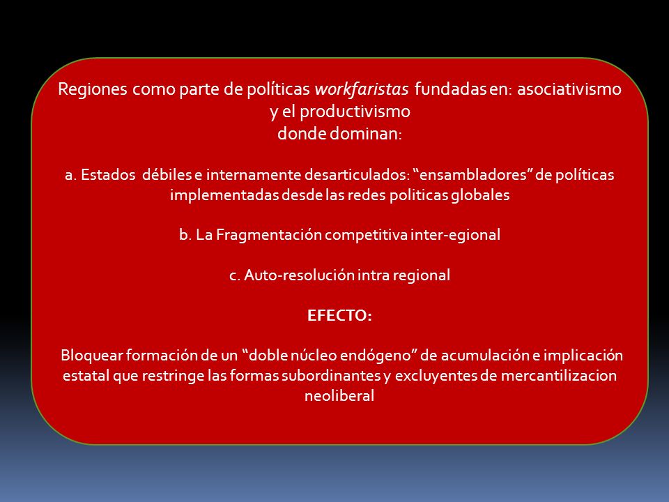 Regiones como parte de políticas workfaristas fundadas en: asociativismo y el productivismo