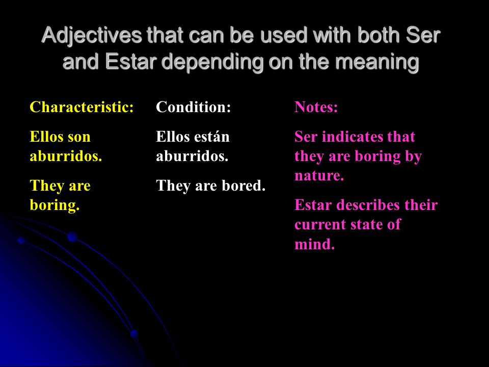 Adjectives that can be used with both Ser and Estar depending on the meaning