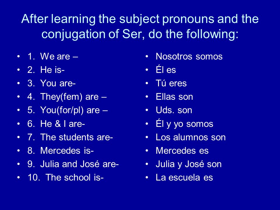 After learning the subject pronouns and the conjugation of Ser, do the following: