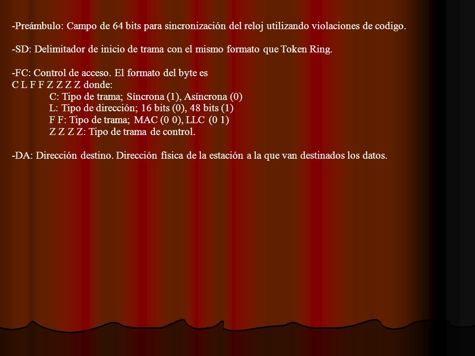 -Preámbulo: Campo de 64 bits para sincronización del reloj utilizando violaciones de codigo.