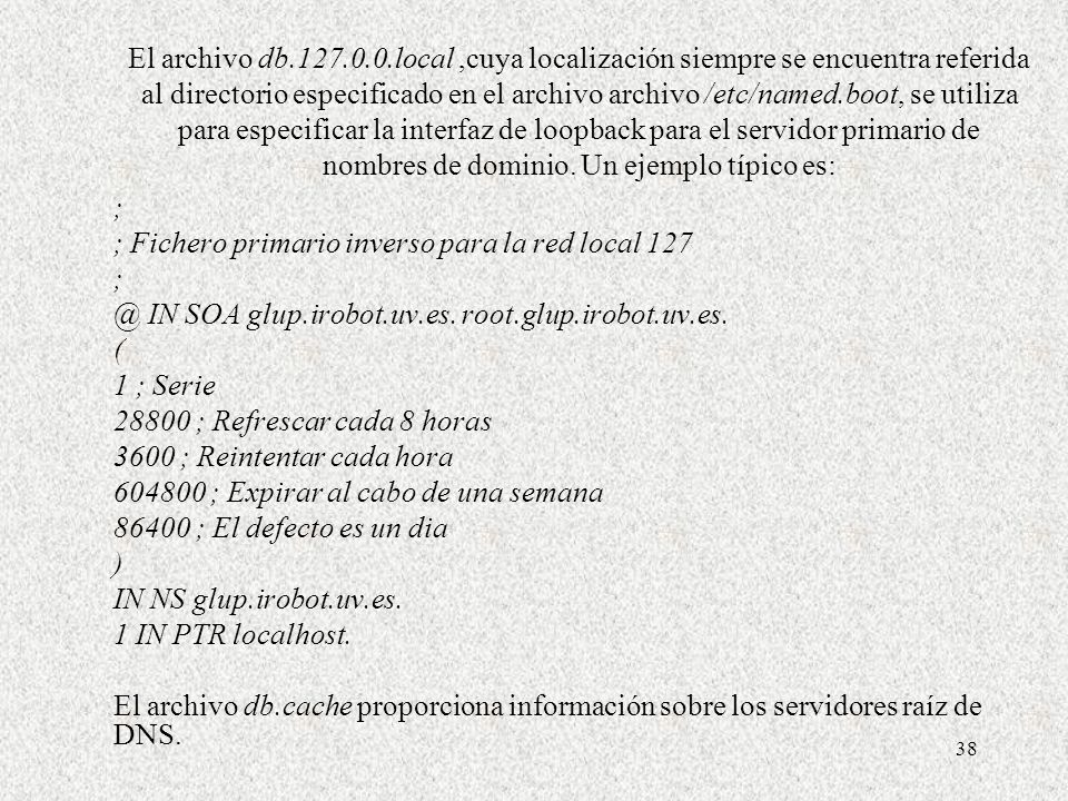 El archivo db local ,cuya localización siempre se encuentra referida al directorio especificado en el archivo archivo /etc/named.boot, se utiliza para especificar la interfaz de loopback para el servidor primario de nombres de dominio. Un ejemplo típico es: