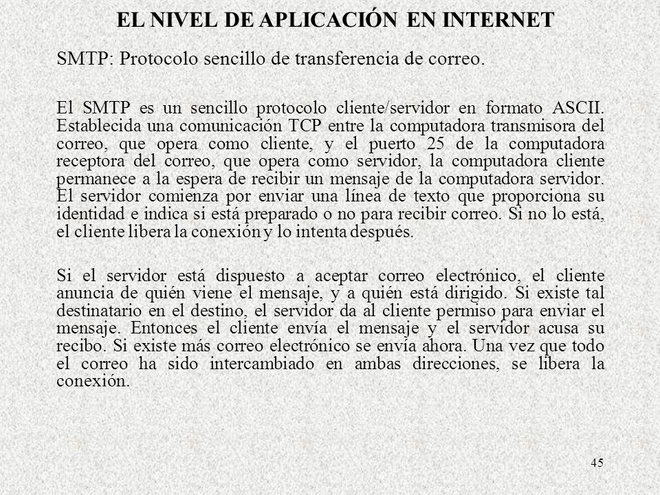 SMTP: Protocolo sencillo de transferencia de correo.