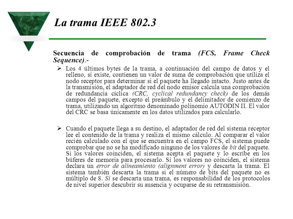 La trama IEEE Secuencia de comprobación de trama (FCS, Frame Check Sequence).-