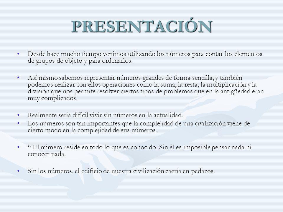 PRESENTACIÓN Desde hace mucho tiempo venimos utilizando los números para contar los elementos de grupos de objeto y para ordenarlos.