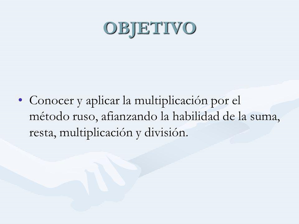OBJETIVO Conocer y aplicar la multiplicación por el método ruso, afianzando la habilidad de la suma, resta, multiplicación y división.