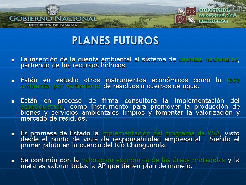 PLANES FUTUROS La inserción de la cuenta ambiental al sistema de cuentas nacionales, partiendo de los recursos hídricos.