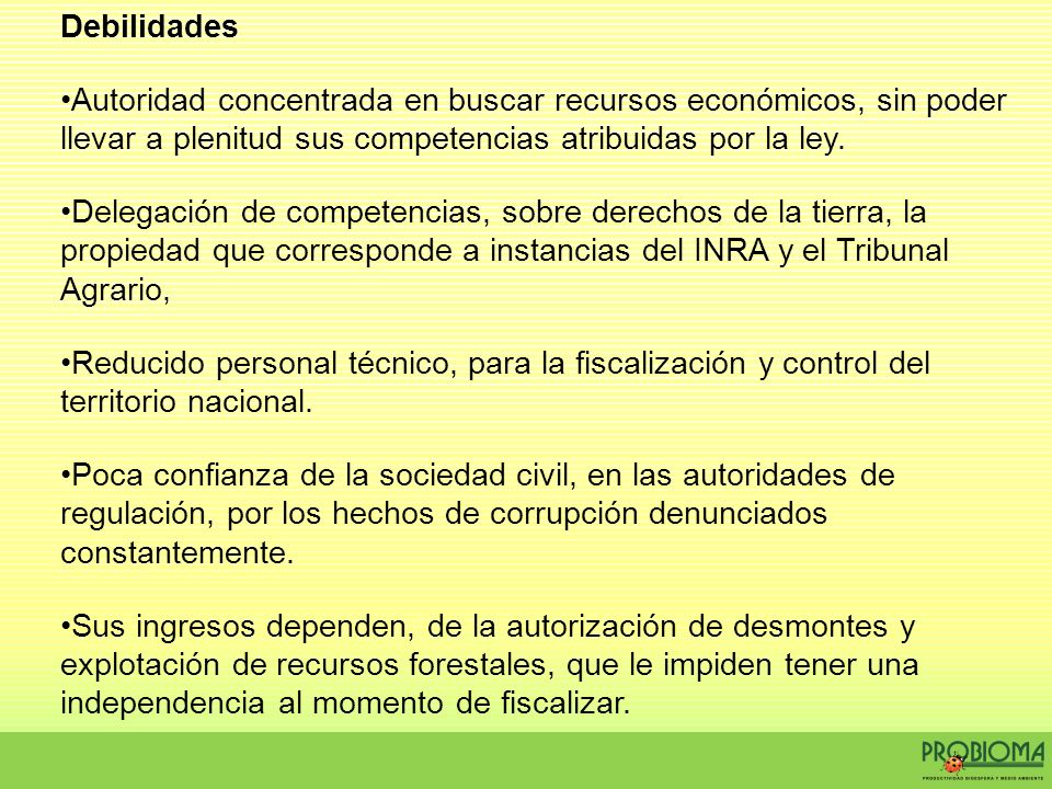 Debilidades Autoridad concentrada en buscar recursos económicos, sin poder llevar a plenitud sus competencias atribuidas por la ley.