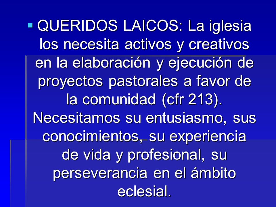 QUERIDOS LAICOS: La iglesia los necesita activos y creativos en la elaboración y ejecución de proyectos pastorales a favor de la comunidad (cfr 213).