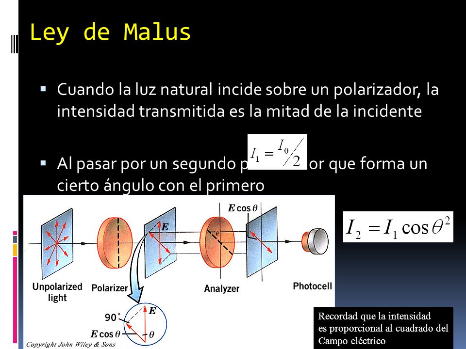 Ley de Malus Cuando la luz natural incide sobre un polarizador, la intensidad transmitida es la mitad de la incidente.
