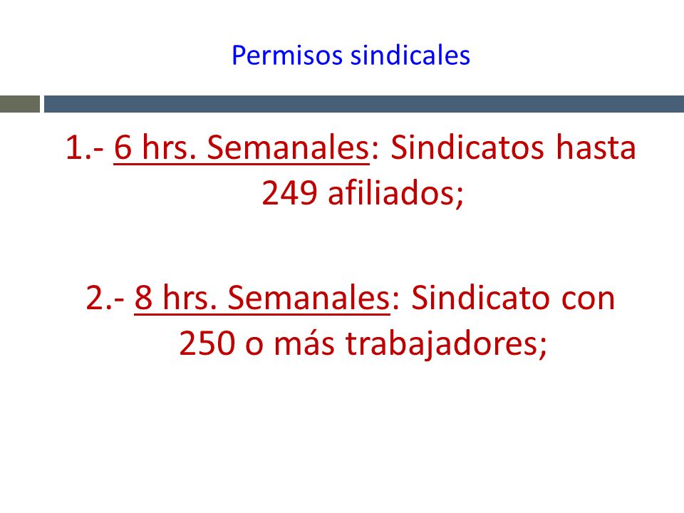 Permisos sindicales hrs. Semanales: Sindicatos hasta 249 afiliados; hrs.