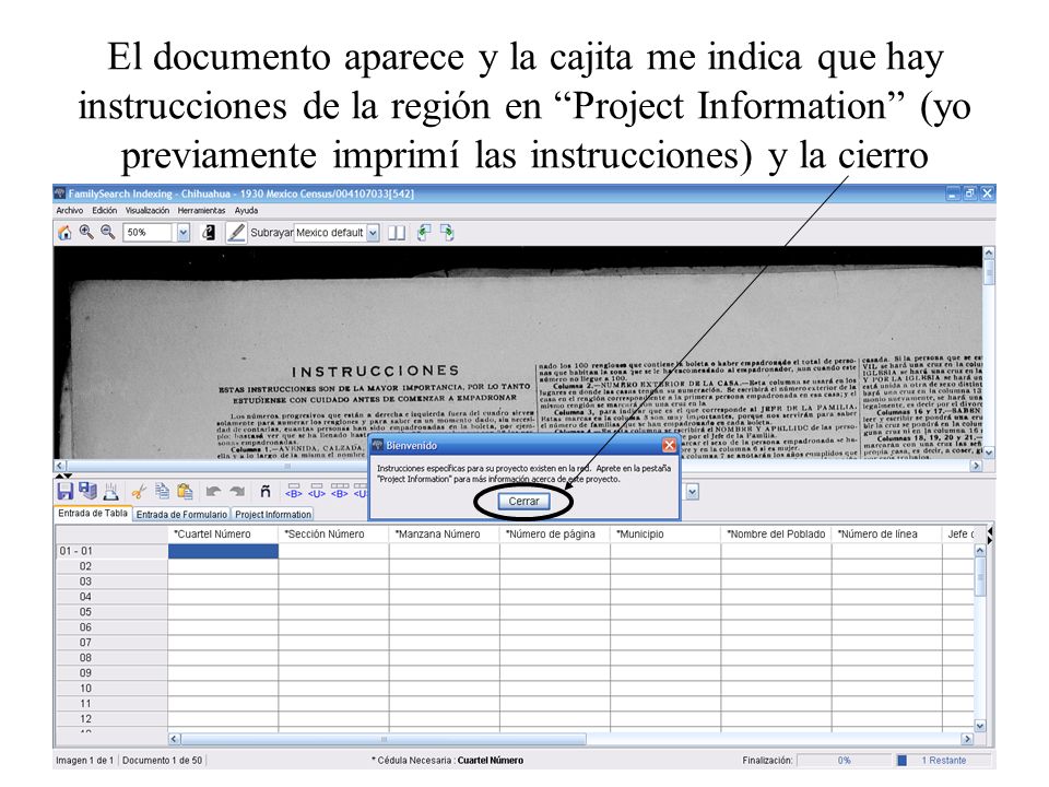 El documento aparece y la cajita me indica que hay instrucciones de la región en Project Information (yo previamente imprimí las instrucciones) y la cierro