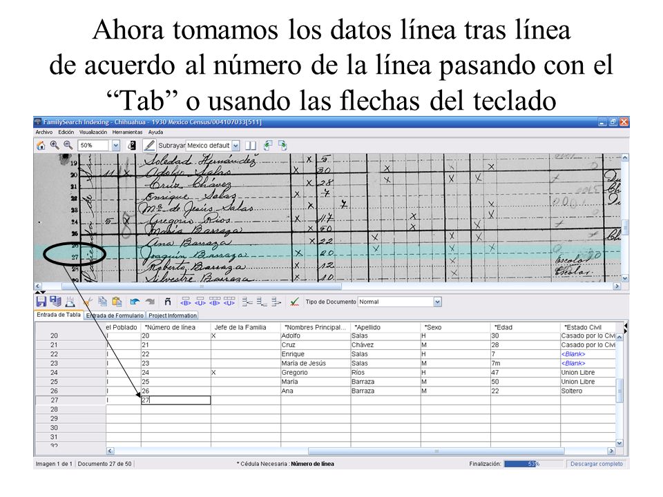 Ahora tomamos los datos línea tras línea de acuerdo al número de la línea pasando con el Tab o usando las flechas del teclado