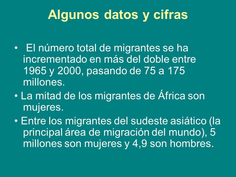 Algunos datos y cifras El número total de migrantes se ha incrementado en más del doble entre 1965 y 2000, pasando de 75 a 175 millones.