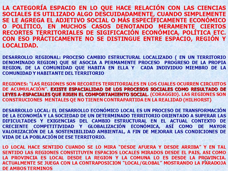 LA CATEGORÍA ESPACIO EN LO QUE HACE RELACIÓN CON LAS CIENCIAS SOCIALES ES UTILIZADO ALGO DESCUIDADAMENTE, CUANDO SIMPLEMENTE SE LE AGREGA EL ADJETIVO SOCIAL O MÁS ESPECÍFICAMENTE ECONÓMICO O POLÍTICO, EN MUCHOS CASOS DENOTANDO MERAMENTE CIERTOS RECORTES TERRITORIALES DE SIGIFICACIÓN ECONÓMICA, POLÍTICA ETC. CON ESO PRÁCTICAMENTE NO SE DISTINGUE ENTRE ESPACIO, REGIÓN Y LOCALIDAD.
