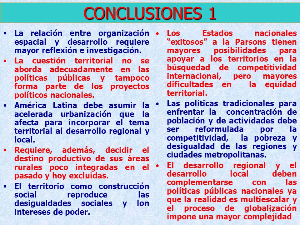 CONCLUSIONES 1 La relación entre organización espacial y desarrollo requiere mayor reflexión e investigación.
