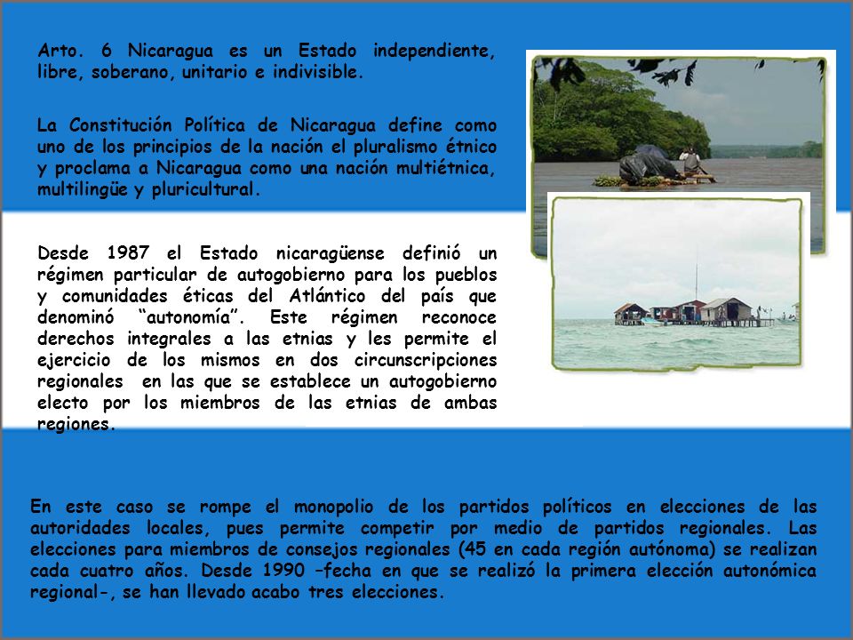 Arto. 6 Nicaragua es un Estado independiente, libre, soberano, unitario e indivisible.