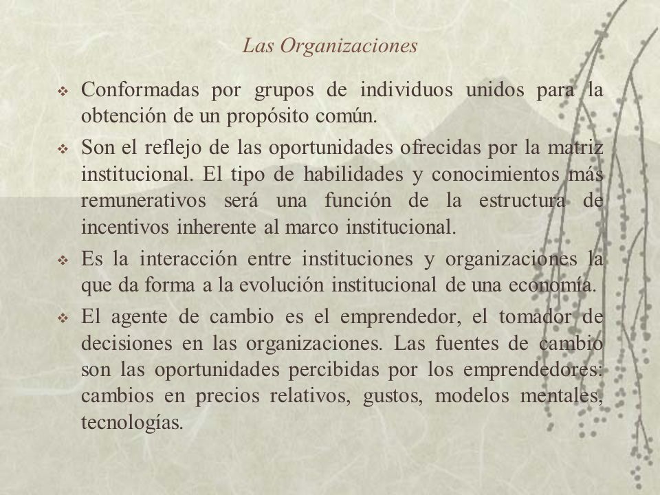 Las Organizaciones Conformadas por grupos de individuos unidos para la obtención de un propósito común.