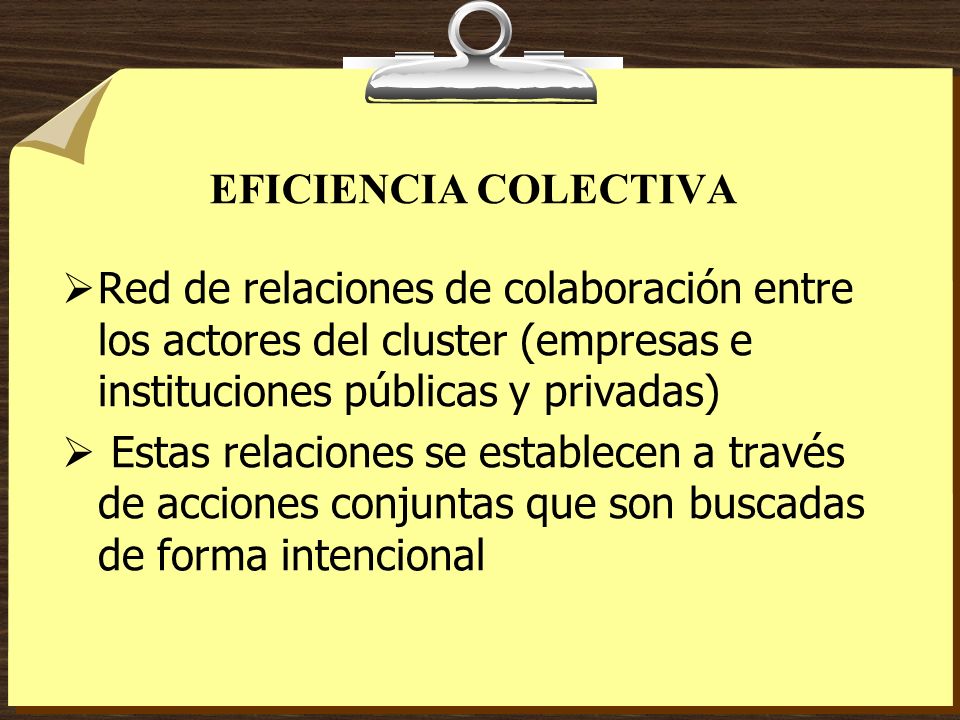 EFICIENCIA COLECTIVA Red de relaciones de colaboración entre los actores del cluster (empresas e instituciones públicas y privadas)