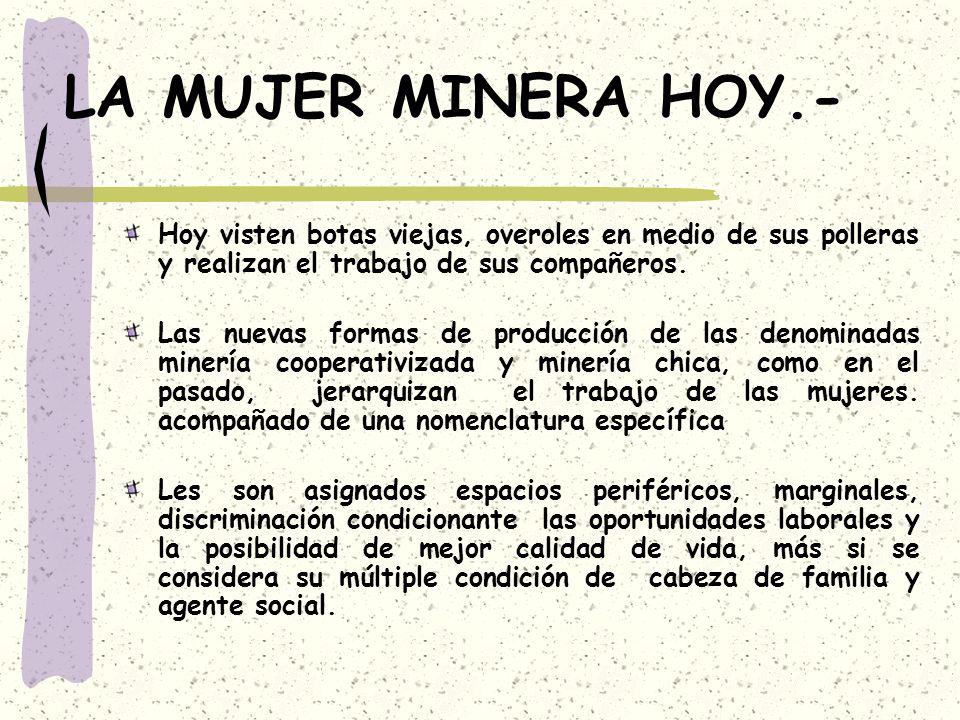 LA MUJER MINERA HOY.- Hoy visten botas viejas, overoles en medio de sus polleras y realizan el trabajo de sus compañeros.