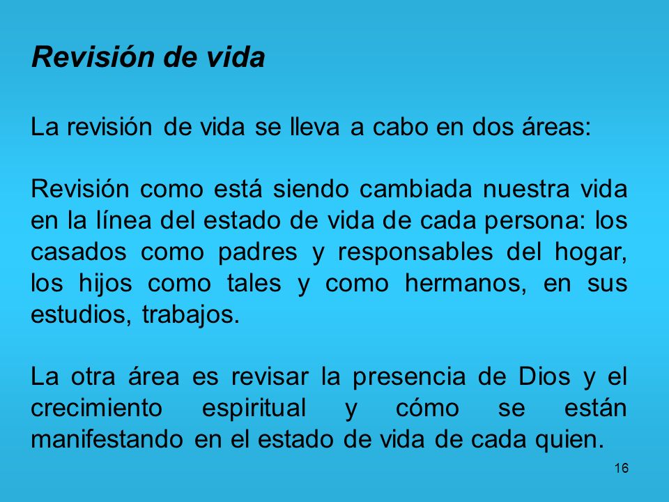 Revisión de vida La revisión de vida se lleva a cabo en dos áreas: