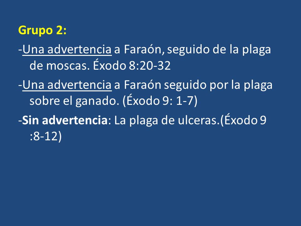Grupo 2: -Una advertencia a Faraón, seguido de la plaga de moscas. Éxodo 8: