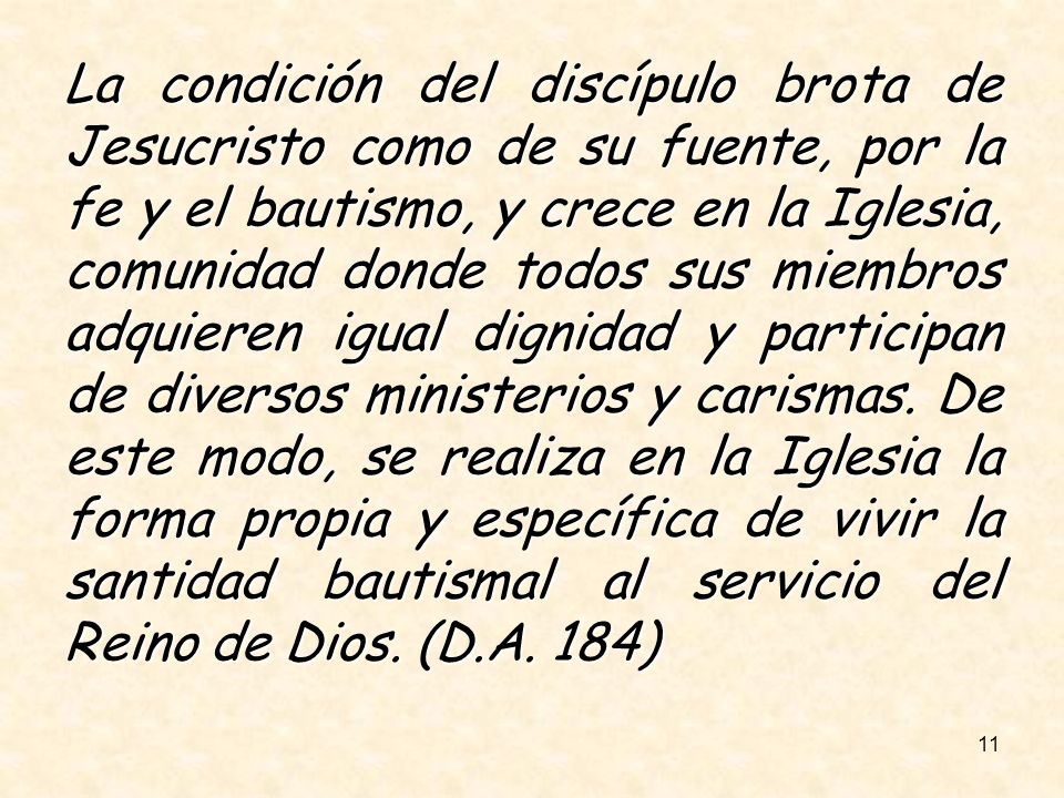 La condición del discípulo brota de Jesucristo como de su fuente, por la fe y el bautismo, y crece en la Iglesia, comunidad donde todos sus miembros adquieren igual dignidad y participan de diversos ministerios y carismas.
