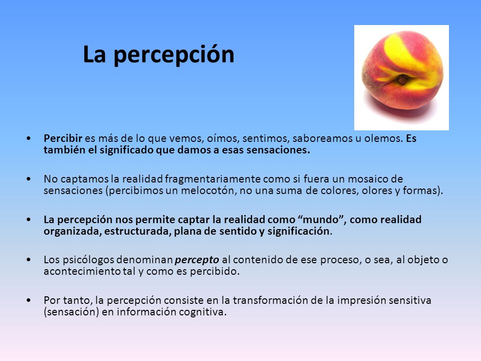 La percepción Percibir es más de lo que vemos, oímos, sentimos, saboreamos u olemos. Es también el significado que damos a esas sensaciones.