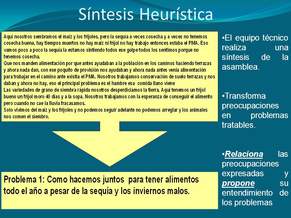 Síntesis Heurística El equipo técnico realiza una síntesis de la asamblea. Transforma preocupaciones en problemas tratables.