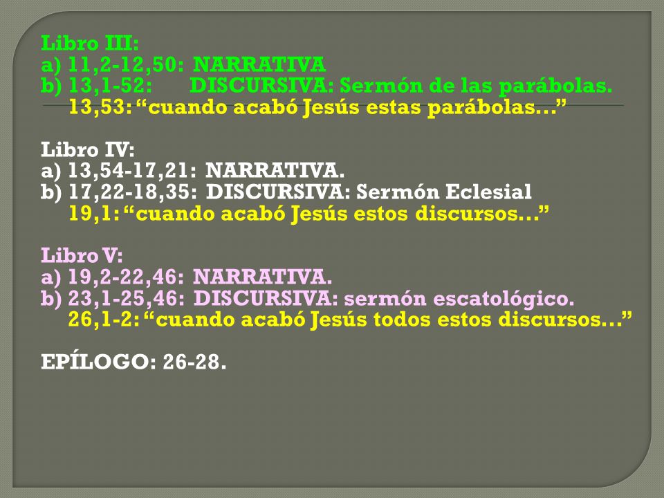 Libro III: a) 11,2-12,50: NARRATIVA. b) 13,1-52: DISCURSIVA: Sermón de las parábolas. 13,53: cuando acabó Jesús estas parábolas...