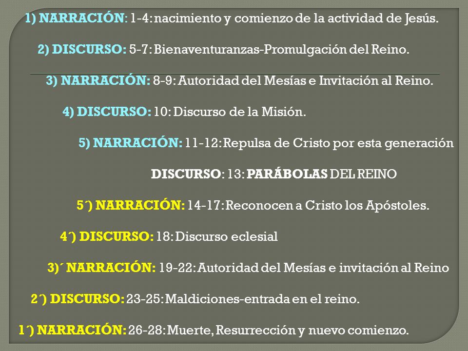 1) NARRACIÓN: 1-4: nacimiento y comienzo de la actividad de Jesús.