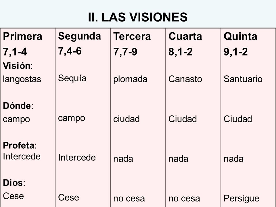 II. LAS VISIONES Primera 7,1-4 Tercera 7,7-9 Cuarta 8,1-2 Quinta 9,1-2