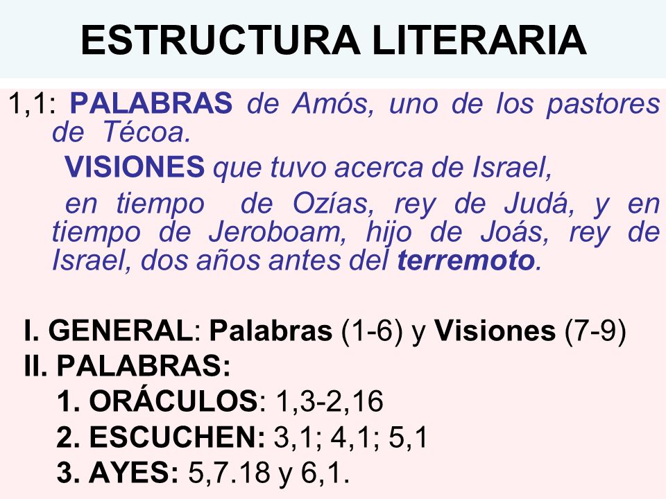 ESTRUCTURA LITERARIA 1,1: PALABRAS de Amós, uno de los pastores de Técoa. VISIONES que tuvo acerca de Israel,