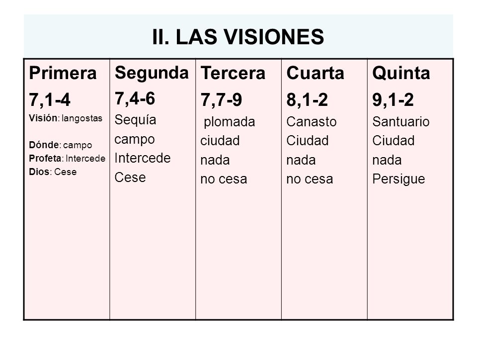 II. LAS VISIONES Primera 7,1-4 Tercera 7,7-9 Cuarta 8,1-2 Quinta 9,1-2