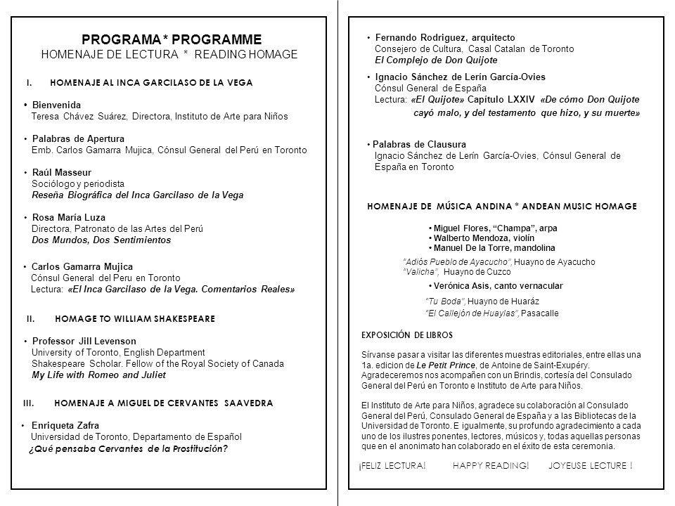 PROGRAMA * PROGRAMME HOMENAJE DE LECTURA * READING HOMAGE