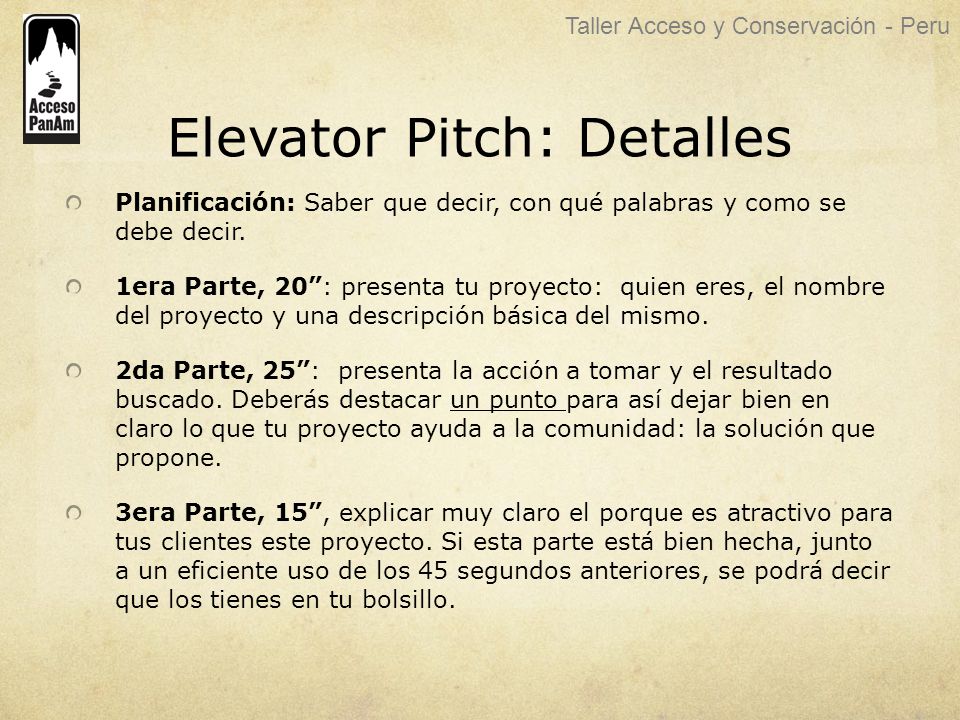 Elevator Pitch: Detalles