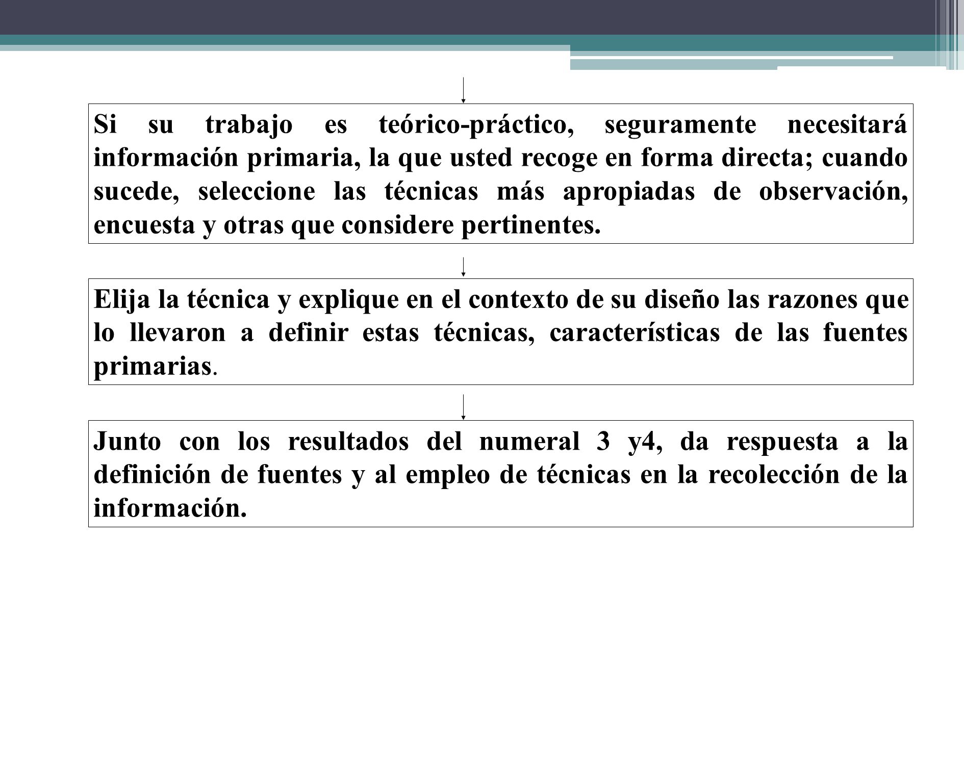 Si su trabajo es teórico-práctico, seguramente necesitará información primaria, la que usted recoge en forma directa; cuando sucede, seleccione las técnicas más apropiadas de observación, encuesta y otras que considere pertinentes.
