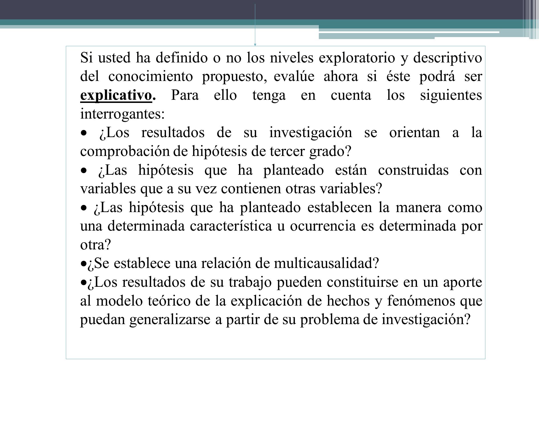 Si usted ha definido o no los niveles exploratorio y descriptivo del conocimiento propuesto, evalúe ahora si éste podrá ser explicativo. Para ello tenga en cuenta los siguientes interrogantes: