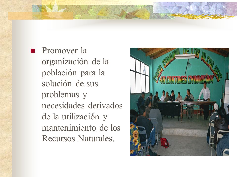 Promover la organización de la población para la solución de sus problemas y necesidades derivados de la utilización y mantenimiento de los Recursos Naturales.