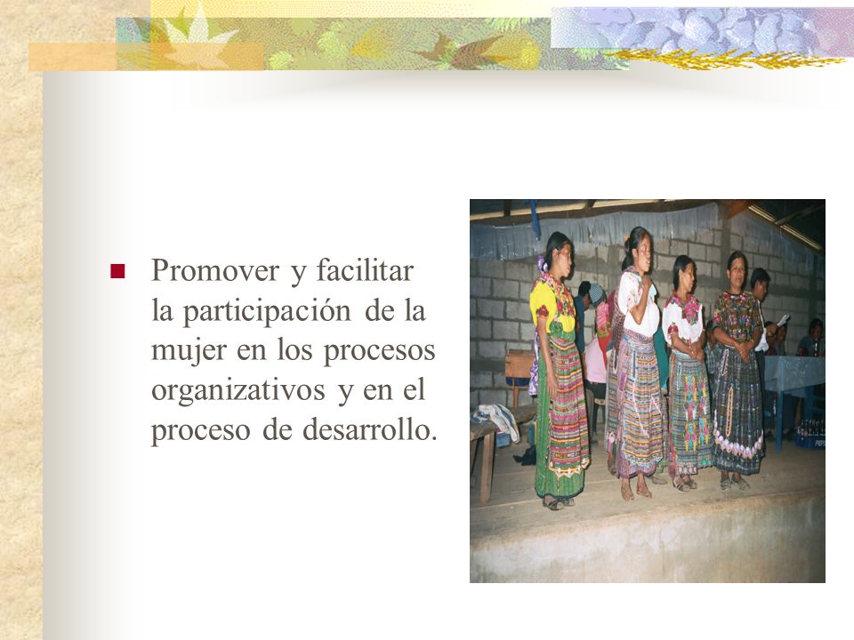 Promover y facilitar la participación de la mujer en los procesos organizativos y en el proceso de desarrollo.
