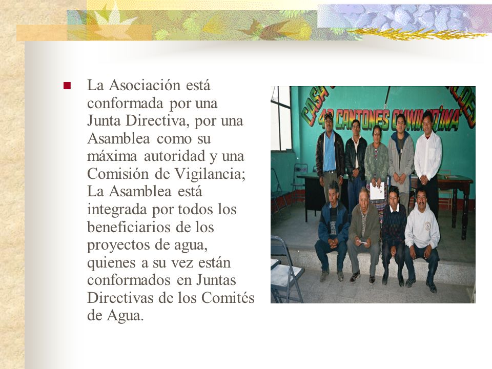 La Asociación está conformada por una Junta Directiva, por una Asamblea como su máxima autoridad y una Comisión de Vigilancia; La Asamblea está integrada por todos los beneficiarios de los proyectos de agua, quienes a su vez están conformados en Juntas Directivas de los Comités de Agua.