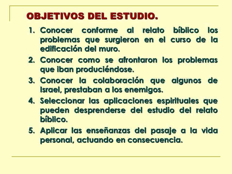 OBJETIVOS DEL ESTUDIO. Conocer conforme al relato bíblico los problemas que surgieron en el curso de la edificación del muro.