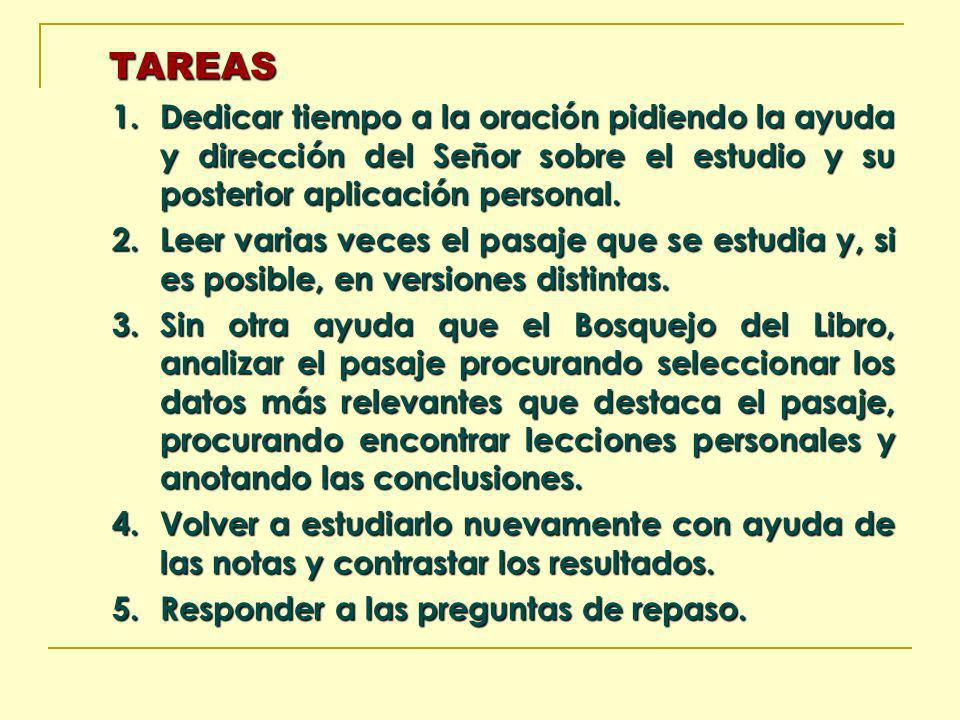 TAREAS Dedicar tiempo a la oración pidiendo la ayuda y dirección del Señor sobre el estudio y su posterior aplicación personal.