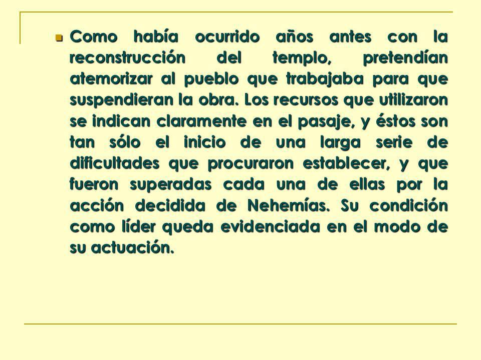 Como había ocurrido años antes con la reconstrucción del templo, pretendían atemorizar al pueblo que trabajaba para que suspendieran la obra.
