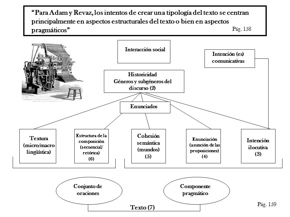 Para Adam y Revaz, los intentos de crear una tipología del texto se centran principalmente en aspectos estructurales del texto o bien en aspectos pragmáticos