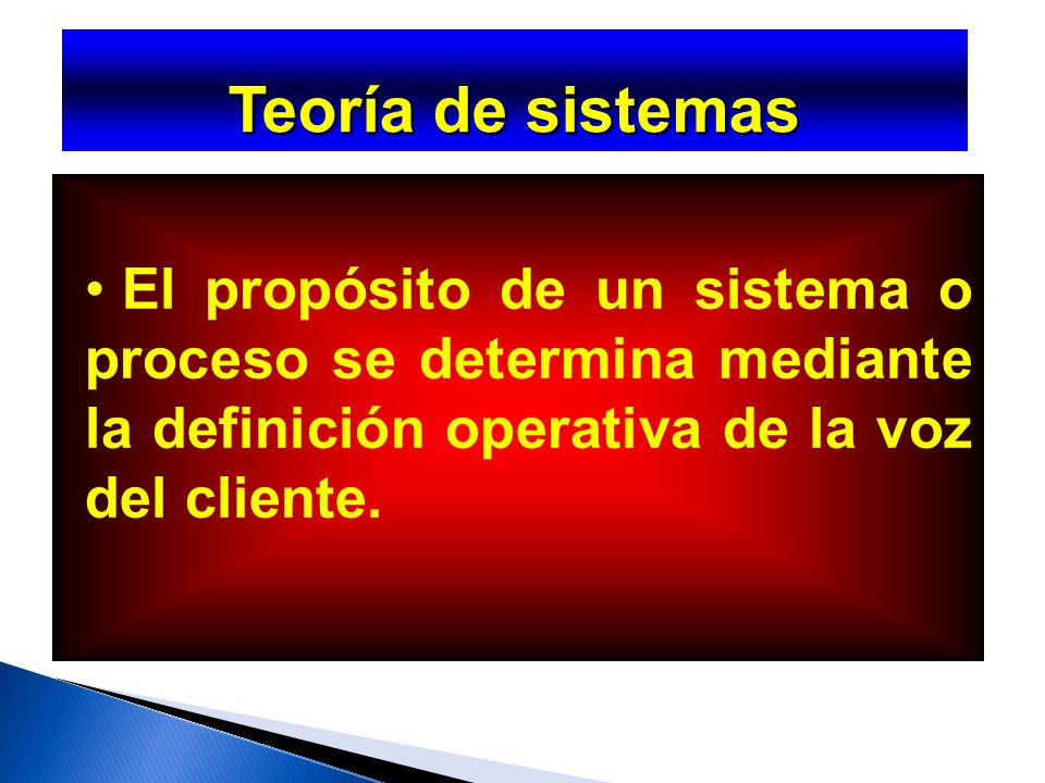 Teoría de sistemas El propósito de un sistema o proceso se determina mediante la definición operativa de la voz del cliente.