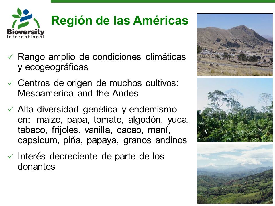 Región de las Américas Rango amplio de condiciones climáticas y ecogeográficas. Centros de origen de muchos cultivos: Mesoamerica and the Andes.